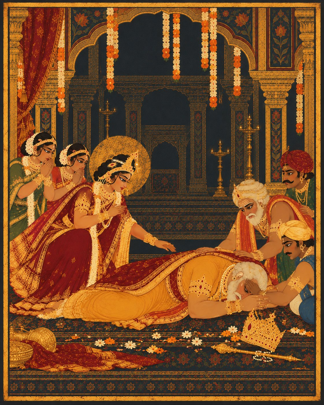 King Dasharatha lies collapsed on the palace floor beside his fallen crown and scepter, as Queen Kausalya, Sumantra, and grief-stricken courtiers rush to support him beneath limp festive garlands.