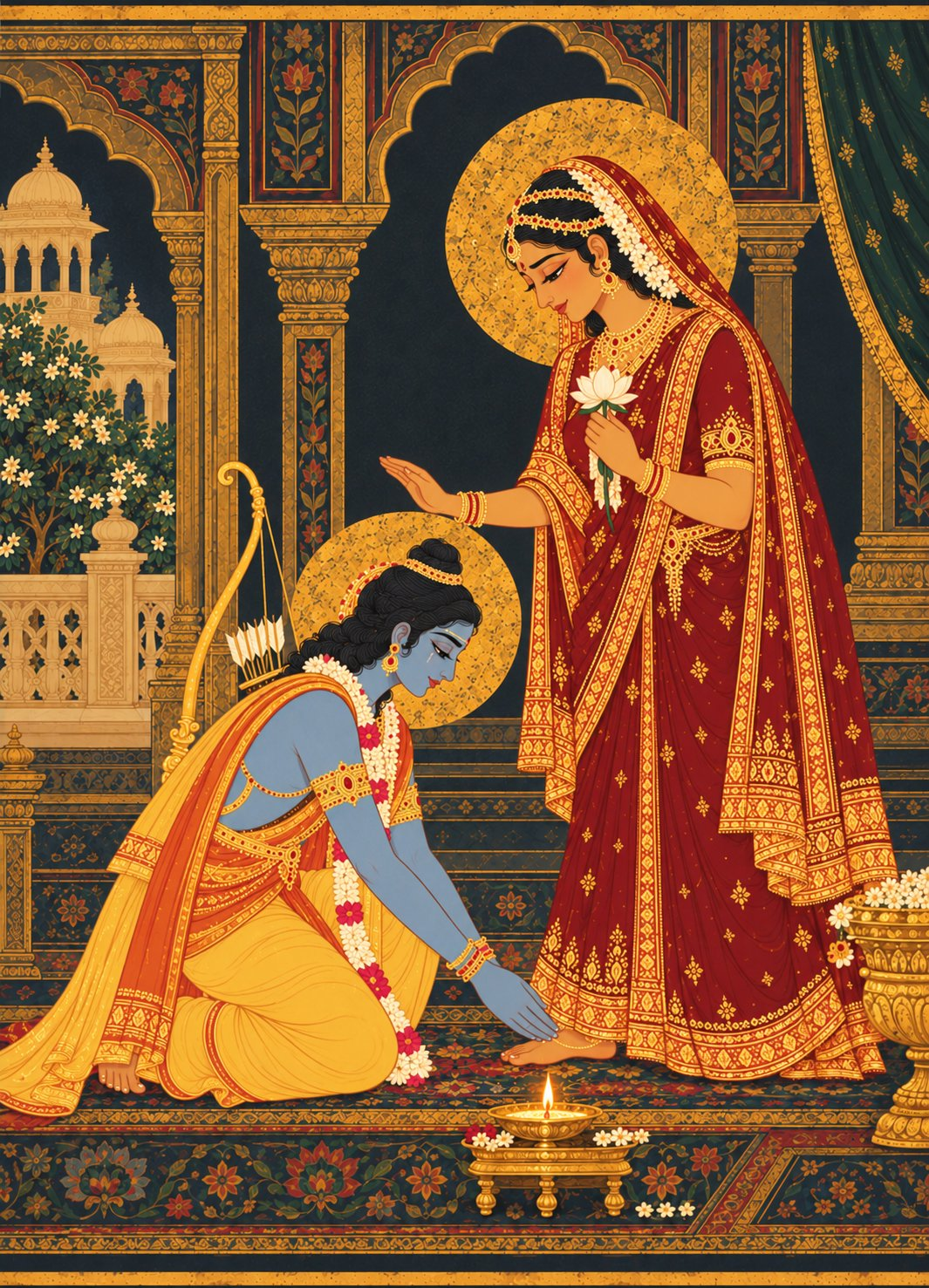 Sri Rama in simple yellow robes bows low to touch the feet of Queen Kaushalya in a rich maroon sari, who raises her hand in solemn blessing with tears in her eyes as an oil lamp glows between them.