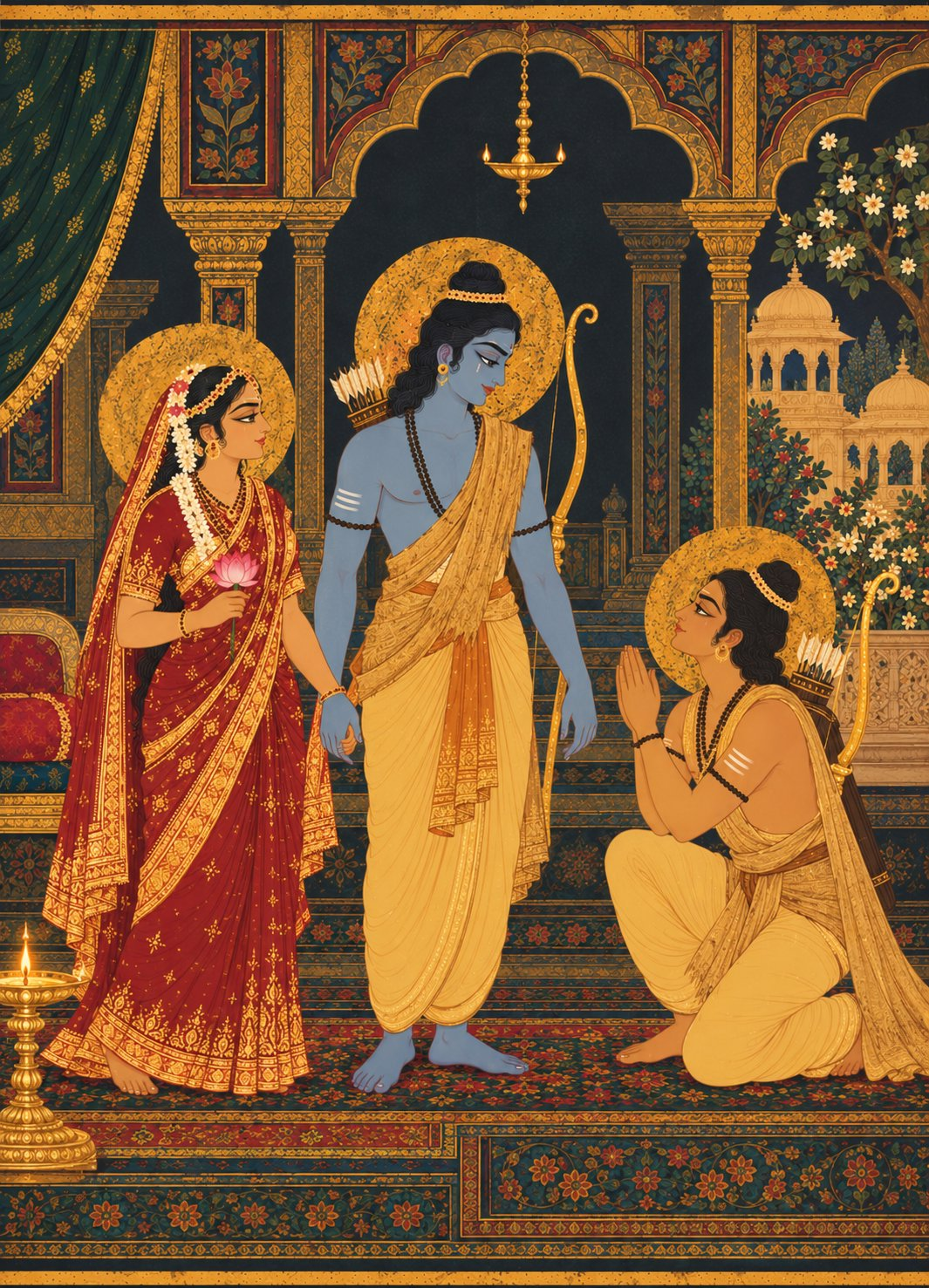 Mata Sita in a red and gold sari holds Sri Rama's hand with quiet determination carrying a lotus flower, while noble Lakshmana kneels on one knee with folded palms, pleading to follow him into the forest.