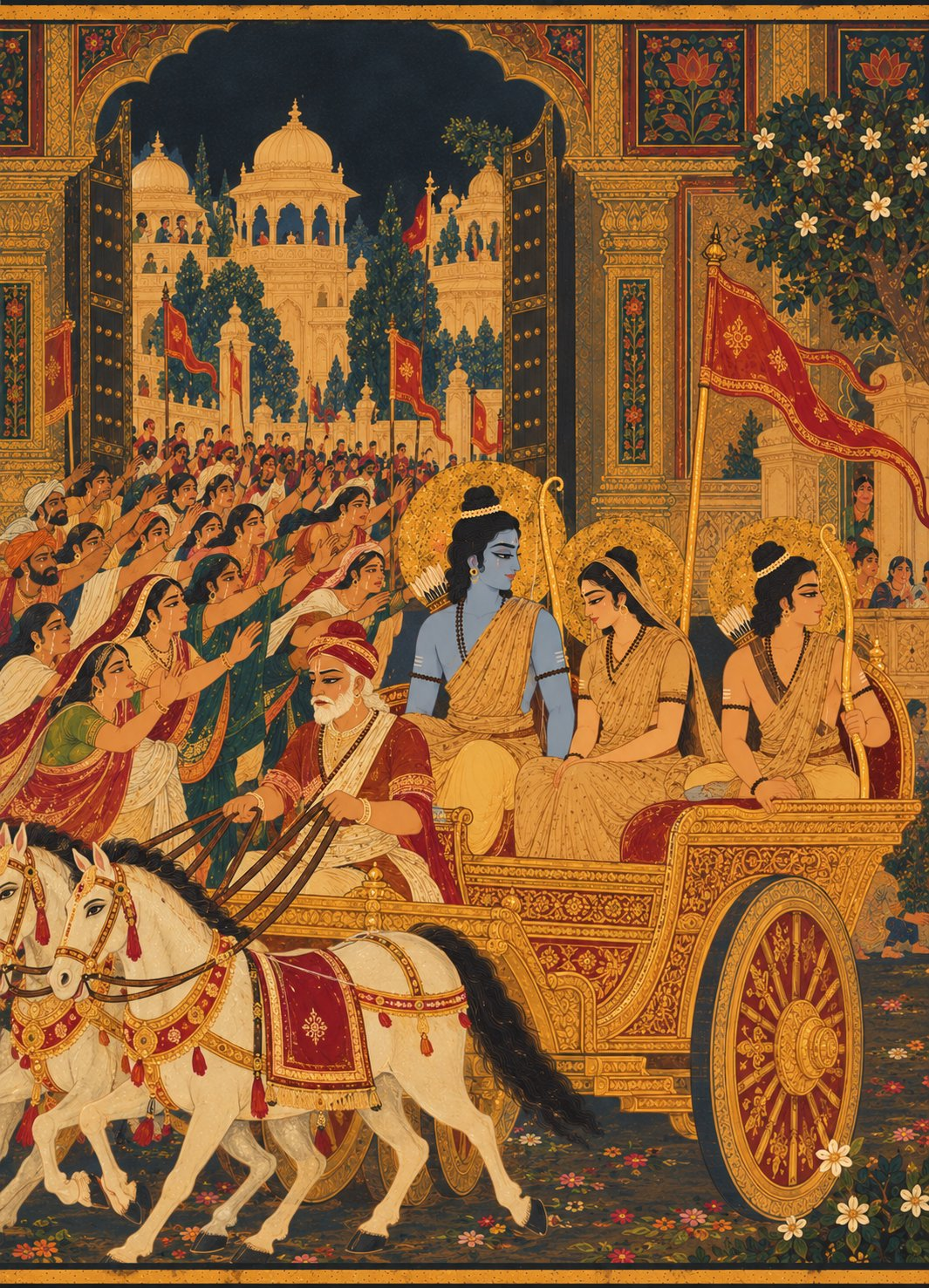 Sri Rama, Sita, and Lakshmana clad in simple ascetic clothes ride in a chariot steered by Sumantra, as weeping citizens of Ayodhya surge through the open city gates with outstretched arms.