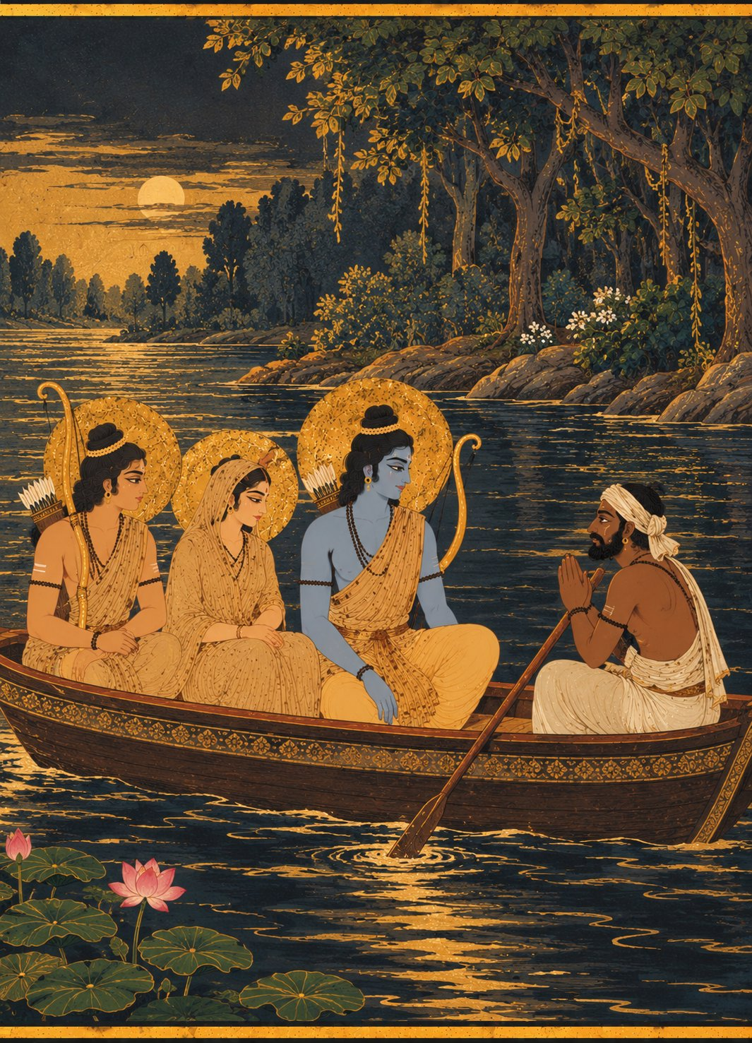 Guha the boatman rows a wooden boat across the golden ripples of the river Ganga under the moon, carrying Rama, Sita, and Lakshmana toward the dark forest trees of the far shore.
