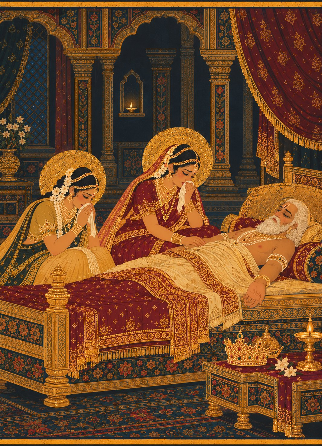 In a dim, vaulted palace chamber, King Dasharatha lies motionless upon a golden bed with his crown set aside on a table, while Queen Kaushalya and Queen Sumitra weep beside him near a single glowing diya.