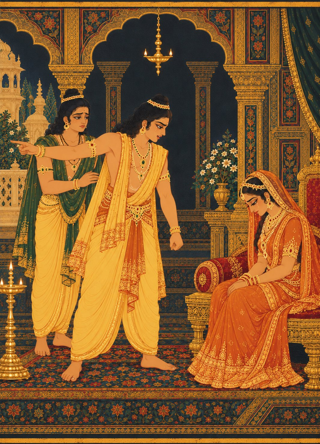 In the palace hall, Bharata in a royal yellow dhoti and gold chain stands facing Kaikeyi with a furious, tearful face and one hand pointing away, as Kaikeyi sits with bowed head and Shatrughna watches stunned.