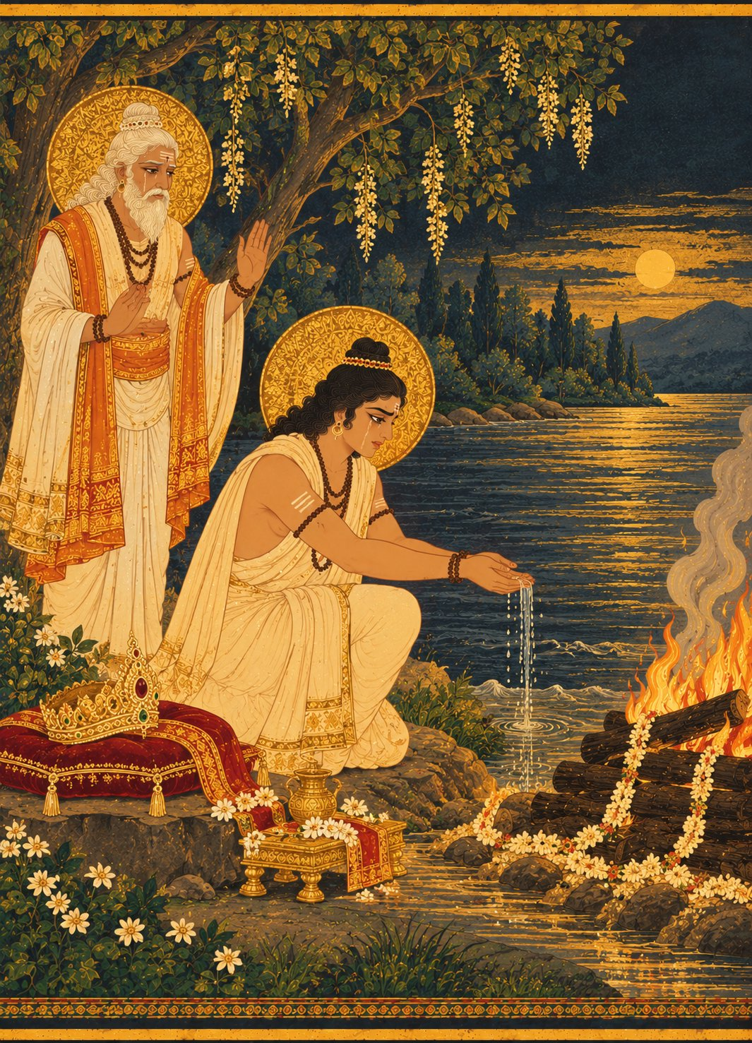 On a riverbank, Bharata in a plain off-white cloth with rudraksha beads pours water as an offering by a small funeral pyre, with Sage Vasishtha behind him with raised hand and Dasharatha's gold crown resting unclaimed on a cushion.