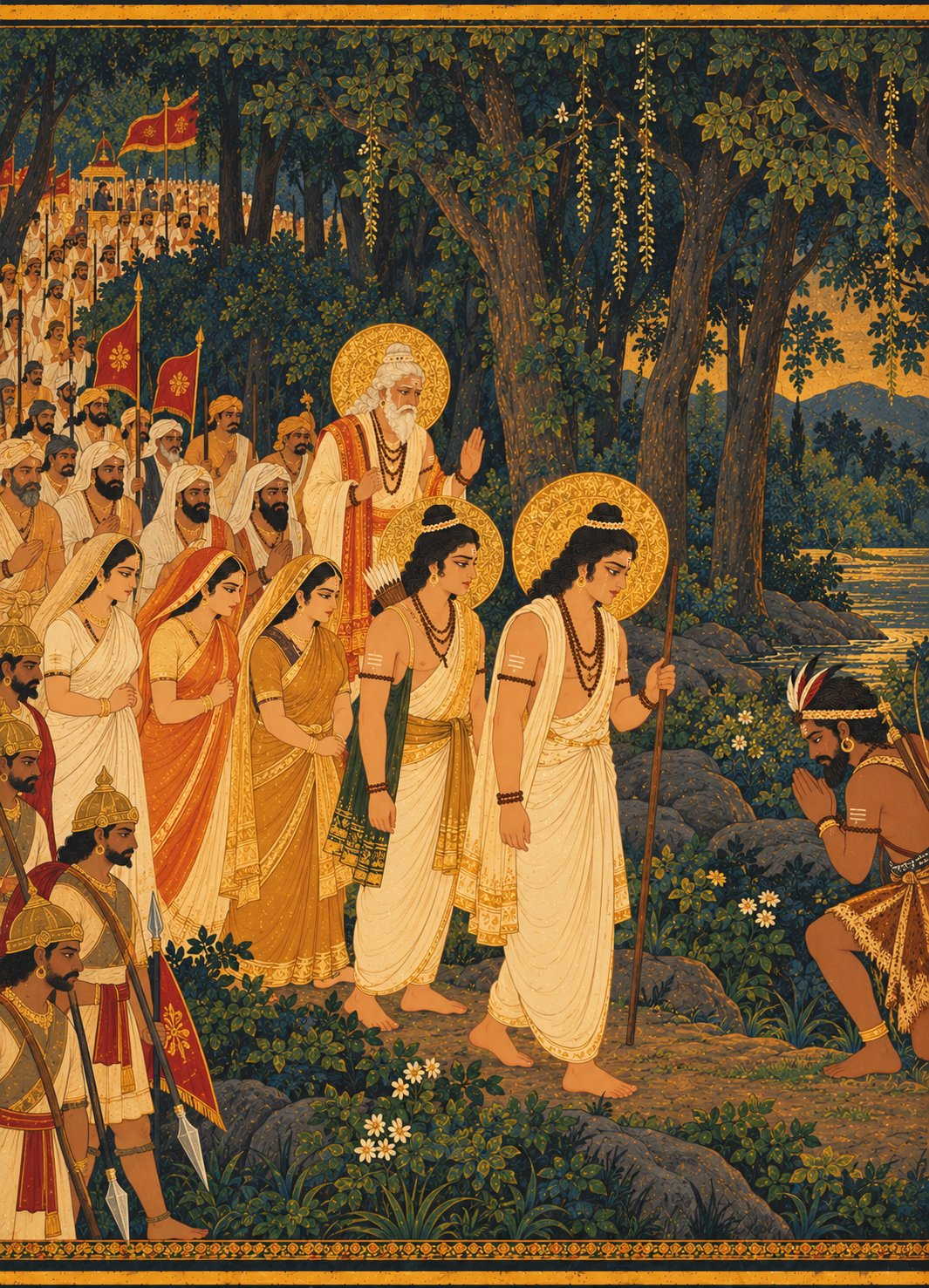 A long procession walks through the forest: Bharata in plain cloth at the front, followed by Shatrughna, the three queens, Vasishtha, and citizens, as tribal chieftain Guha with feather headband bows with folded hands.