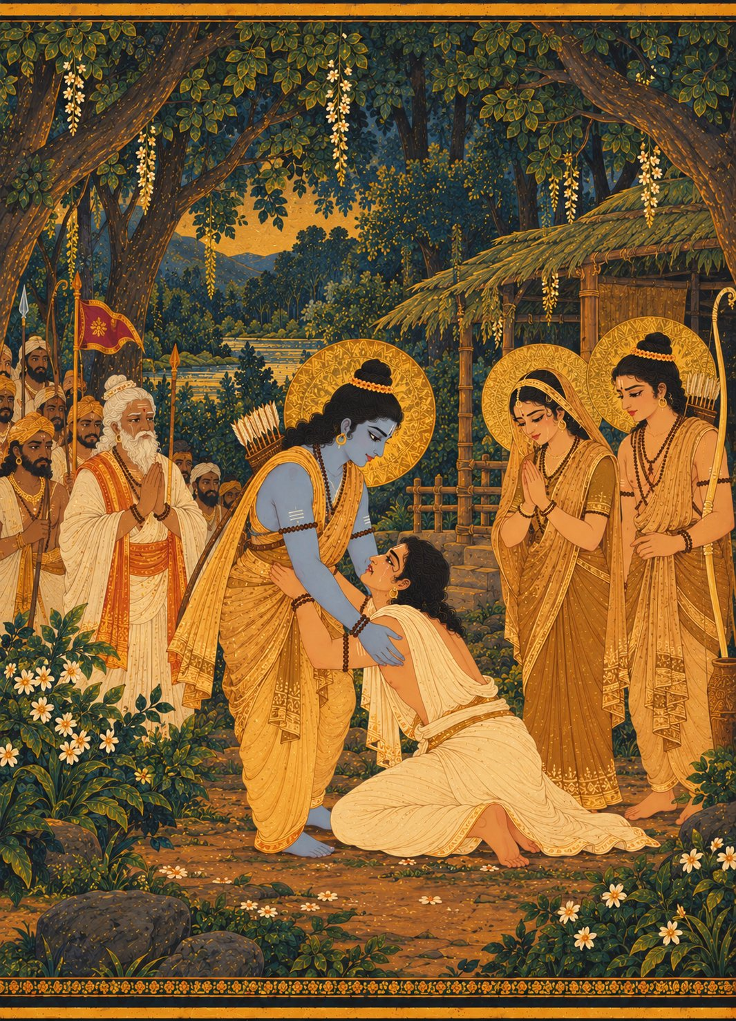 Bharata lies at Rama’s feet in plain off-white cloth with tears on his face, as Rama in bark-cloth and gold halo bends down to lift him with both hands, with Sita, Lakshmana, and Sage Vasishtha watching with moist eyes.