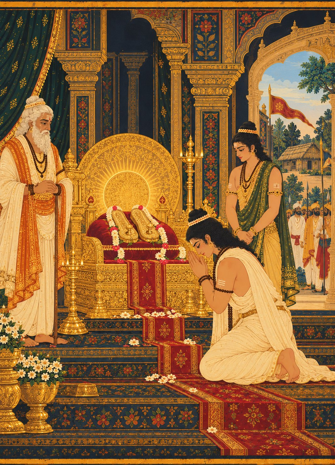On the gold throne of Ayodhya sits a pair of golden sandals on a cushion with a gold halo, as Bharata kneels in front in plain cloth with folded hands, with Shatrughna and Vasishtha standing beside the throne.