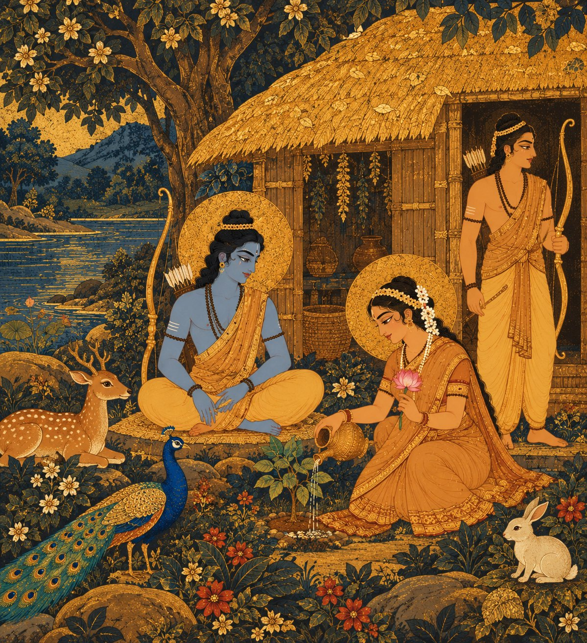 A small leaf hut with a thatched roof among trees on a riverbank, where Rama sits cross-legged, Sita waters a small plant with a lotus, Lakshmana stands guard at the door, and deer, peacock, and rabbit rest peacefully nearby.