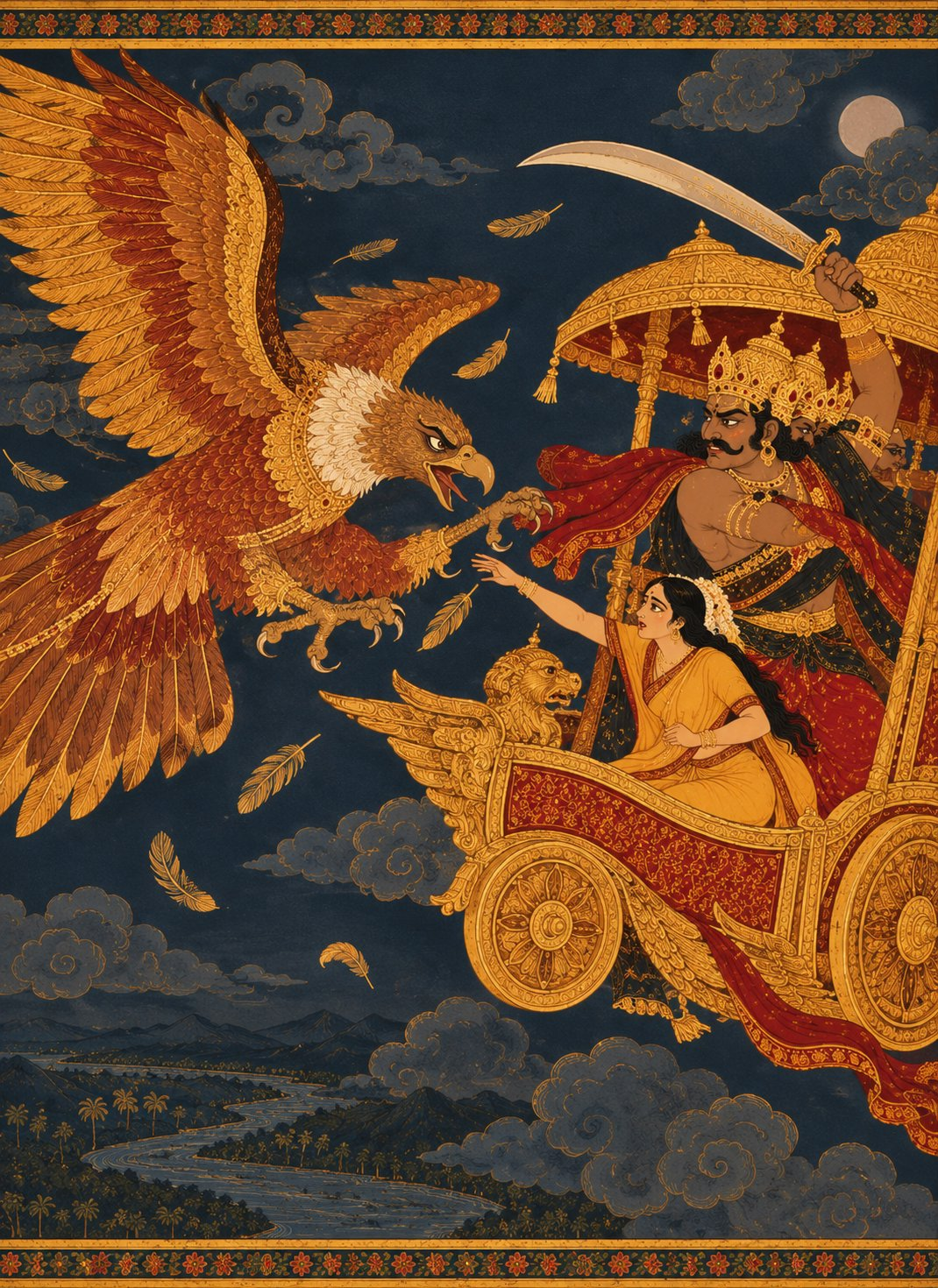 Huge golden-brown vulture Jatayu lunges at Ravana's flying chariot with sharp talons as Ravana swings his sword, golden feathers float through the air, and Sita reaches out in anguish.
