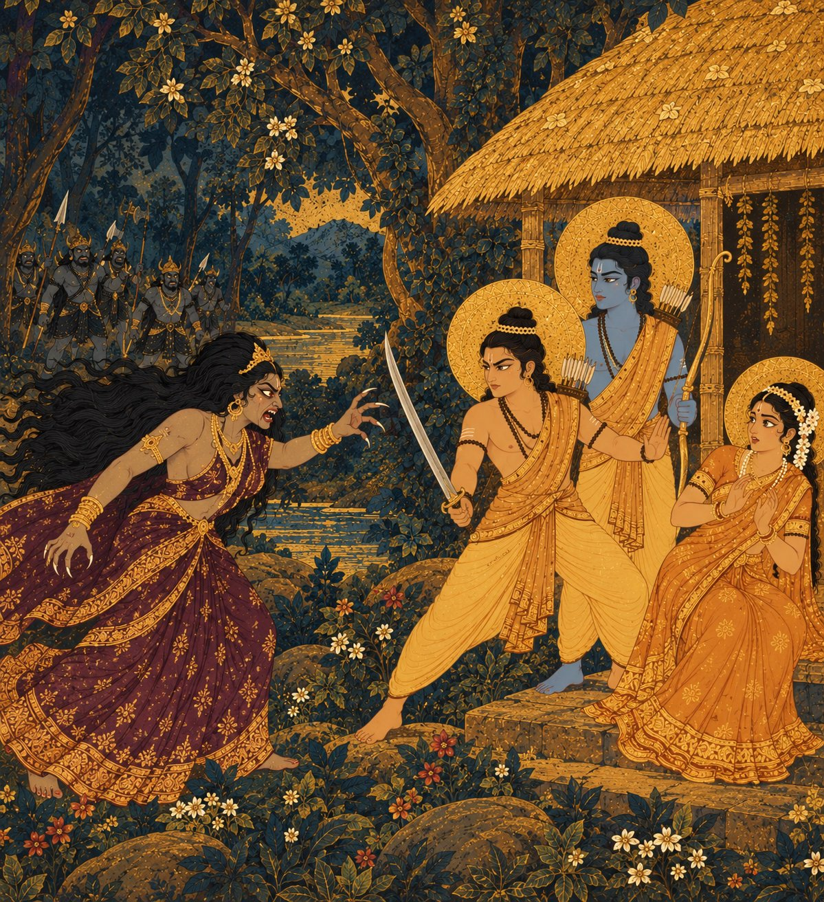 Surpanakha in a purple sari with wild loose hair lunges toward Sita with sharp nails, as Lakshmana in bark cloth steps in front with a drawn sword and Rama stands calm behind him.