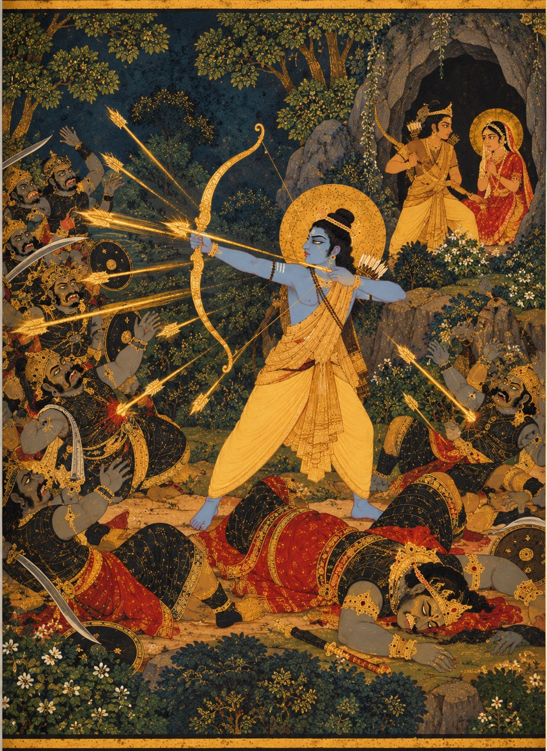 Rama stands alone at the center drawing a golden bow with blazing arrows flying outward like rays, felling demon soldiers in black armor and Khara and Dushana, while Lakshmana guards Sita in a cave in the background.