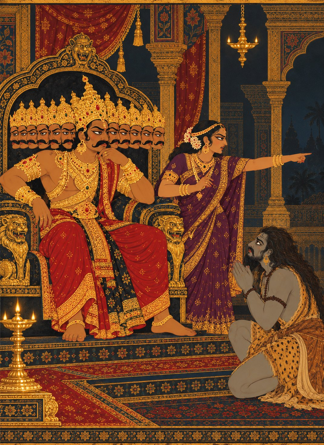 In a dark palace hall in Lanka, ten-headed Ravana on his black throne leans forward listening to Surpanakha point in the distance, while fearful Maricha kneels before him with folded hands.