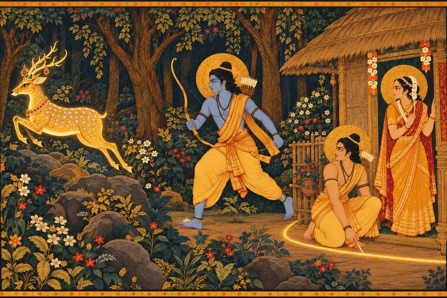 A golden deer with jewelled antlers leaps through the trees near the hut glowing softly, as enchanted Sita points toward it and Rama with his bow sets forth while Lakshmana looks on warily.