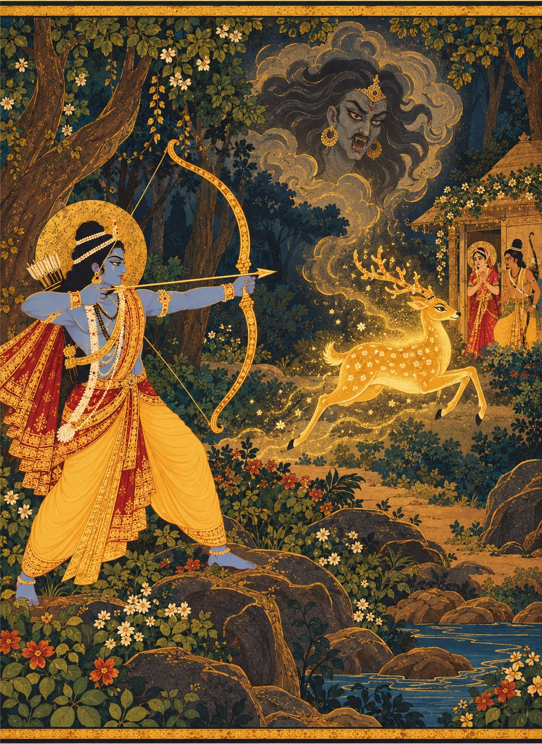 Deep in the forest, Rama draws his bow at the golden deer leaping away as a faint demon face appears in a glowing mist crying out, with the distant hut visible in the background.