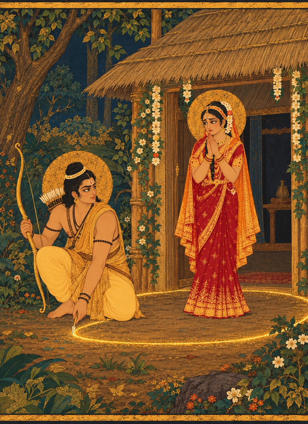 Lakshmana in bark cloth kneels at the hut door and draws a glowing gold circle on the ground with an arrow tip, as Sita stands inside with worried face and folded hands.