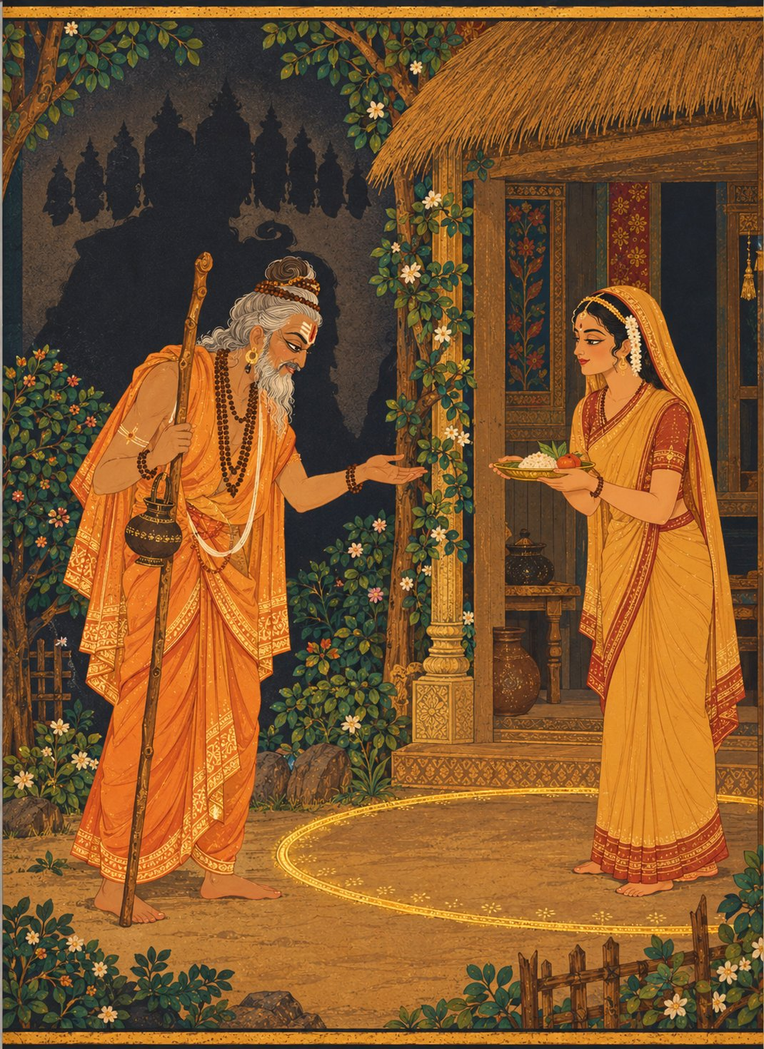 An old, bent Brahmin in saffron robe with staff and water pot stands outside the glowing circle asking for alms, his shadow revealing ten heads, while Sita stands inside holding a plate of food.