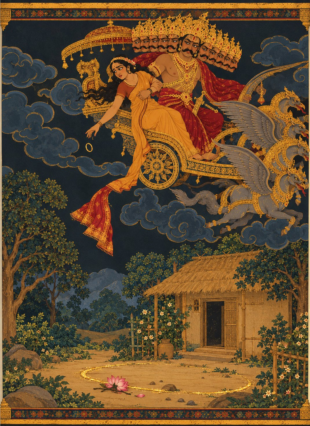 Ten-headed Ravana in flying chariot carries away weeping Sita, as her gold bangle and veil fall through the air toward the empty hut and broken glowing circle below.