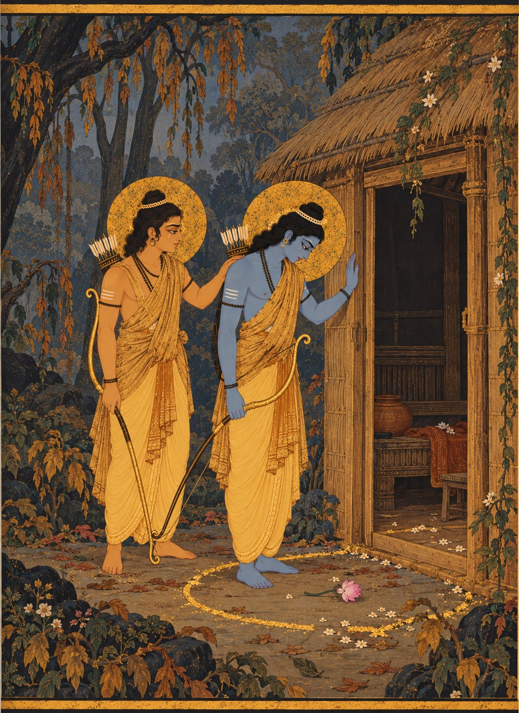 Rama stands at the door of the empty hut with his bow lowered and head bent in grief, as Lakshmana places a supportive hand on his shoulder amid the broken circle and fallen lotus.