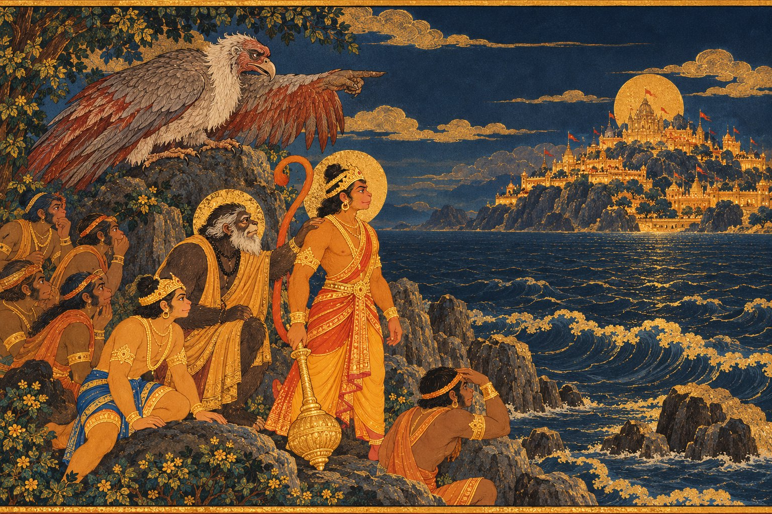 On a rocky shore beside the wide ocean, the huge vulture Sampati points across the water toward glowing Lanka, while Jambavan rests a hand on Hanuman’s shoulder as a golden aura begins around him.