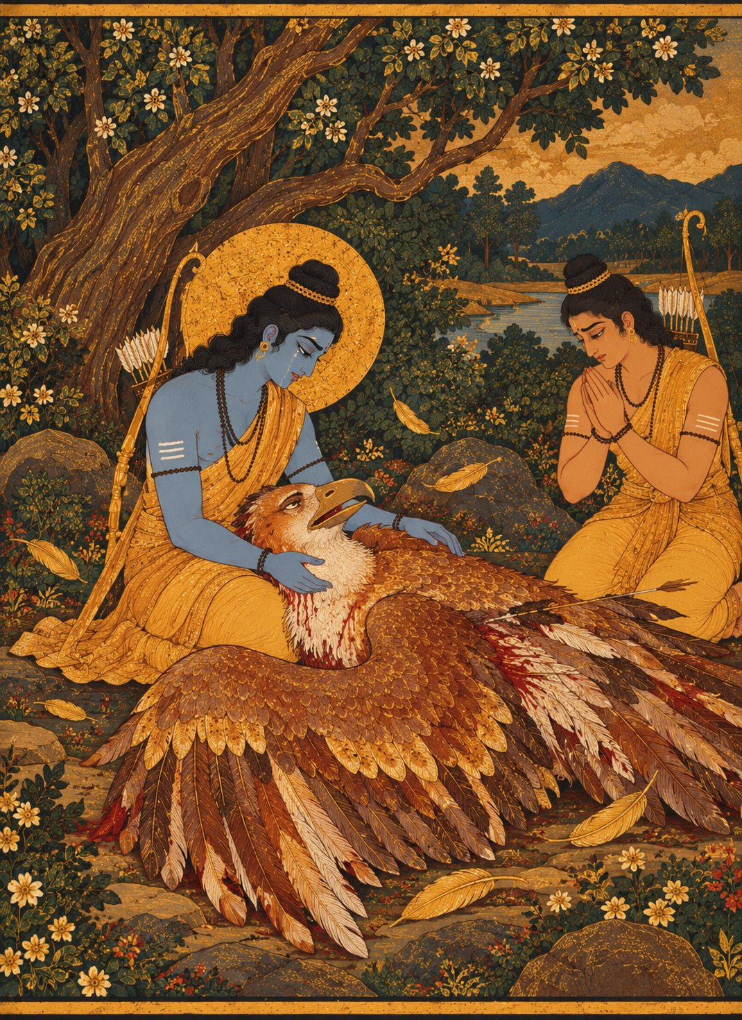 The huge vulture Jatayu lies on the forest floor with torn wings, his head in Rama’s lap, as weeping Rama gently holds him and Lakshmana kneels beside with folded hands.