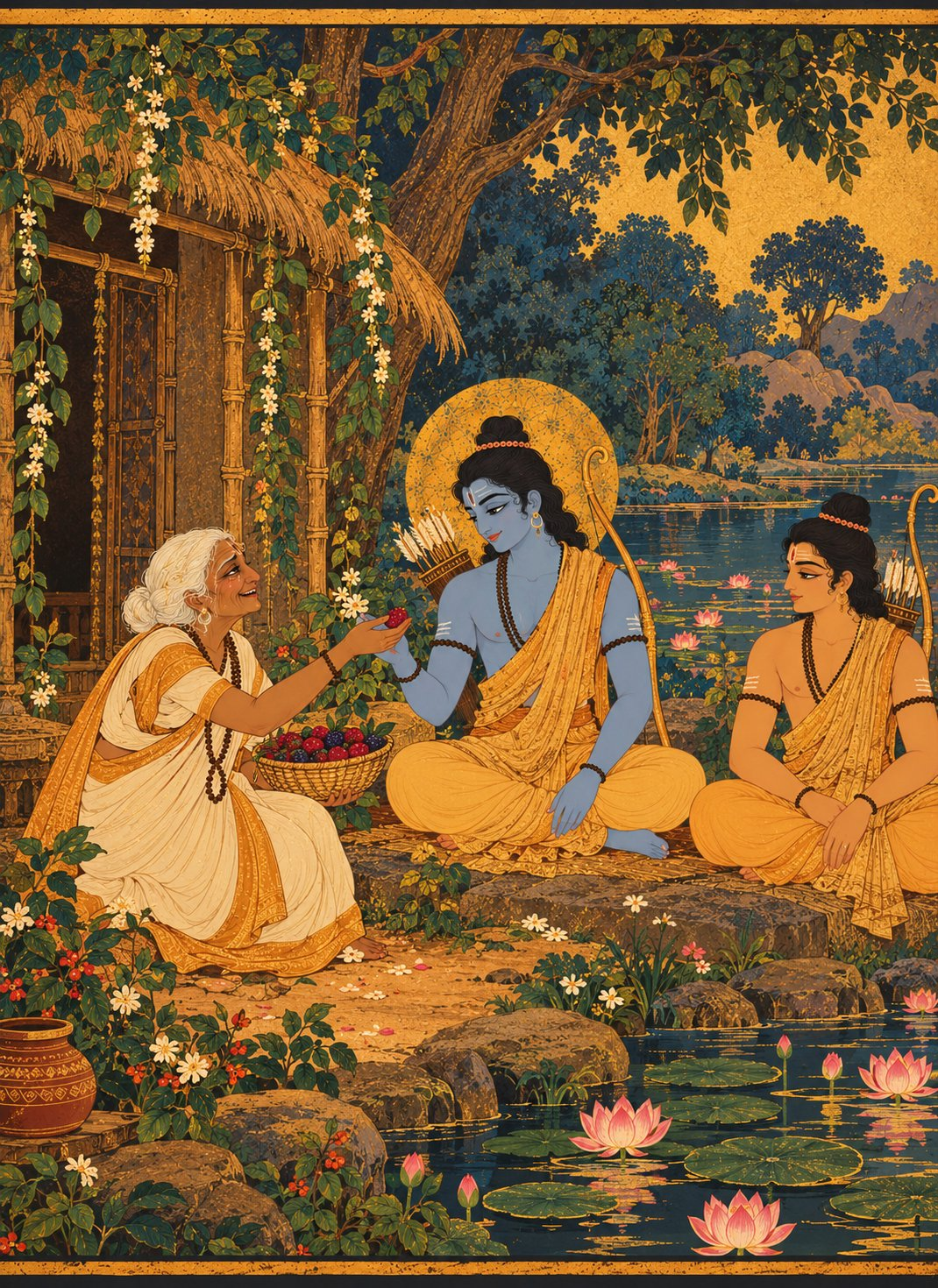 Outside a small leaf hut by a lotus lake, aged Shabari in white and ochre sari kneels offering berries to cross-legged Rama, who accepts with a loving smile as Lakshmana sits beside them.