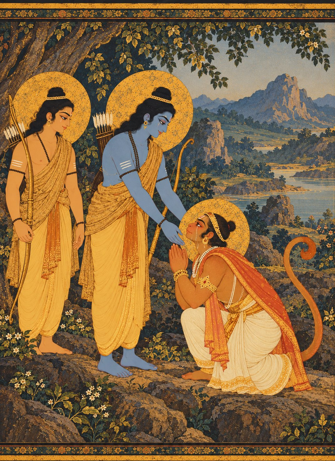 On a rocky hillside, Hanuman disguised as a young Brahmin bows low at Rama’s feet with folded hands and tears of joy, as Rama gently lifts him and Lakshmana stands beside.
