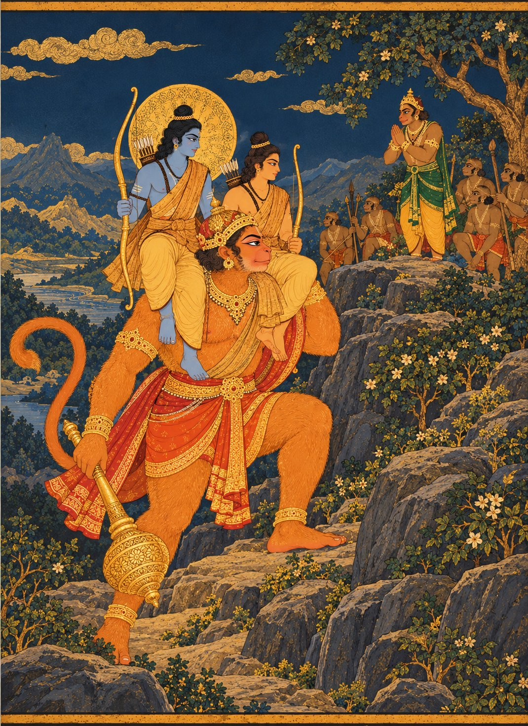 Hanuman in his true golden-furred form with mace strides up a rocky mountain path carrying Rama on one shoulder and Lakshmana on the other, toward Sugriva waiting at the top.