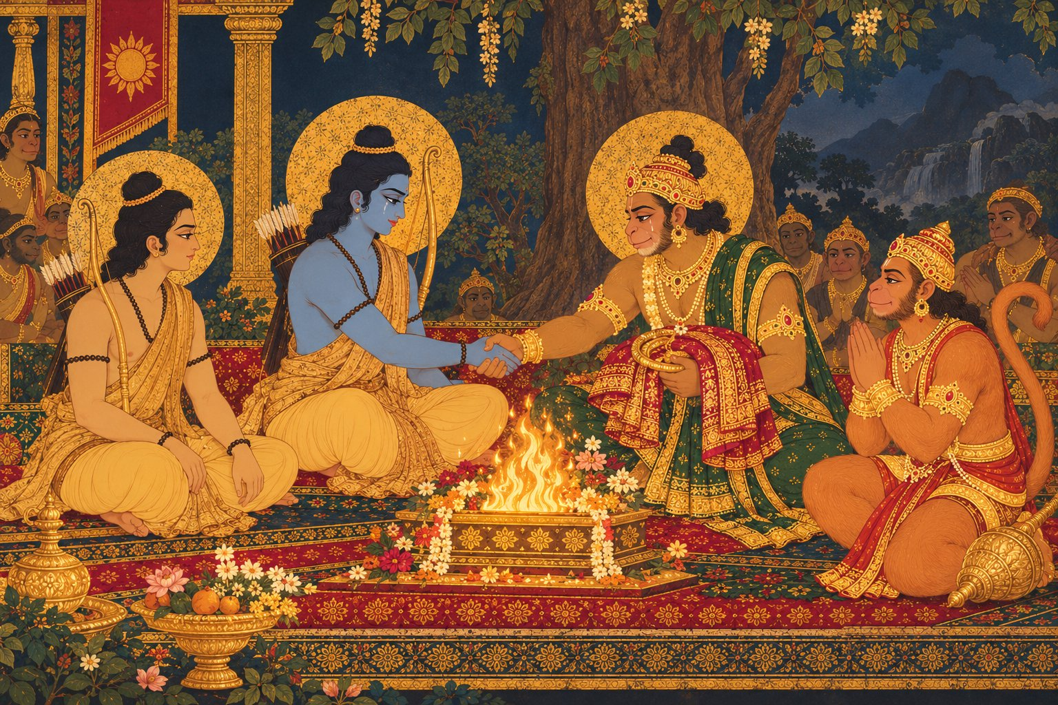 Rama and Sugriva sit facing each other clasping hands over a sacred fire, with Hanuman and Lakshmana beside them, as Sugriva presents the bundle of Sita’s dropped gold ornaments.