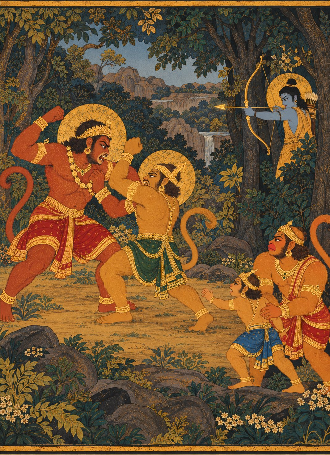 Vali and Sugriva wrestle in a forest clearing with raised arms, as Rama half-hidden among trees releases a golden arrow, while young Angada watches held back by Hanuman.