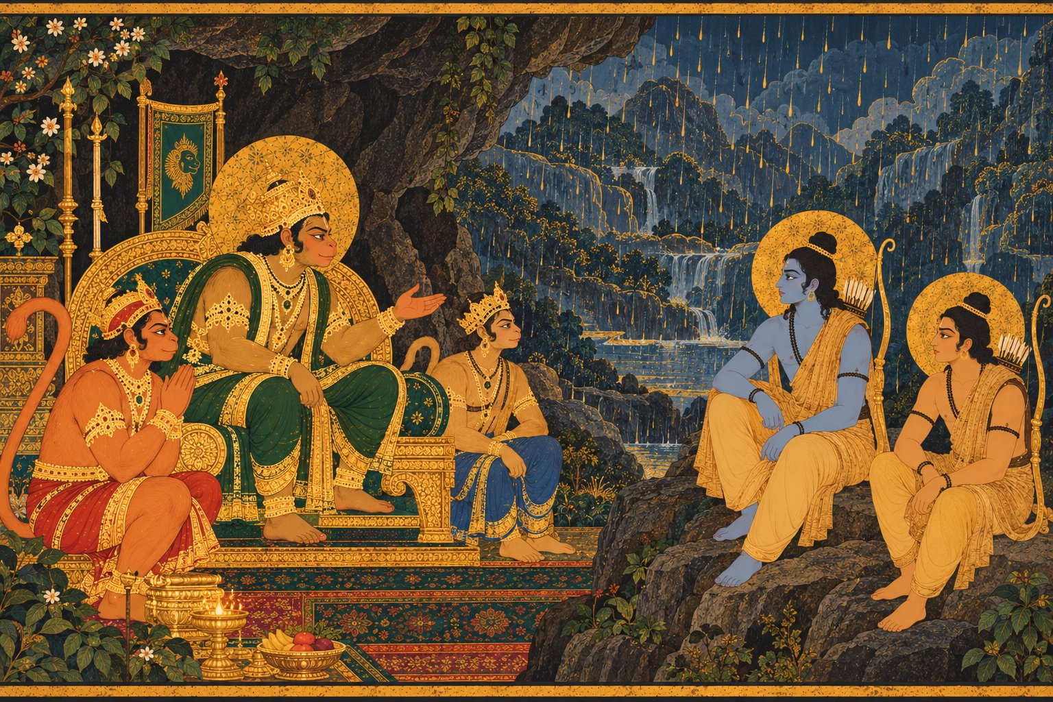 Sugriva crowned on his throne with Hanuman and Angada at his side, as Rama and Lakshmana sit on a rock nearby under stylised monsoon rain falling over the mountain cave.