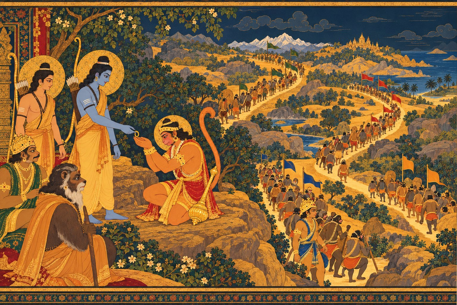 Rama hands his gold ring to kneeling Hanuman, as vanara search parties set out along four winding paths across the golden hills led by Angada and Jambavan.