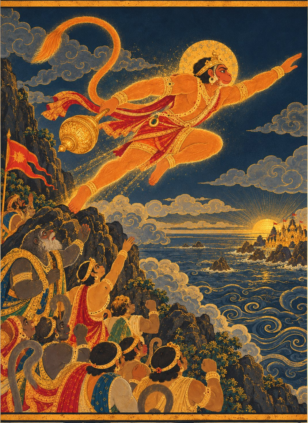 On a high mountain peak, a giant Hanuman in saffron fur with a gold glow crouches and leaps toward the horizon with his mace and tail trailing behind, while the vanaras, Jambavan and Angada watch from below with raised hands.