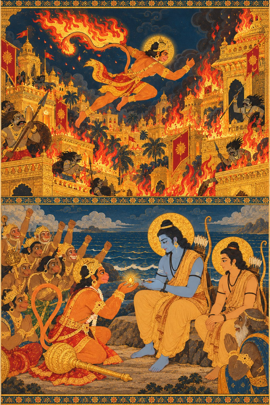 Split into two parts: top shows Hanuman leaping across golden rooftops with tail aflame setting Lanka on fire; bottom shows Hanuman kneeling before Rama and Lakshmana on the shore presenting the gold Chudamani.