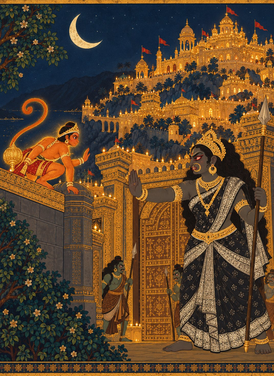 A grand golden city of Lanka on a hill shown at night with a crescent moon, where giant Lankini in black and silver blocks the gates and small Hanuman crouches on the wall with one hand raised.
