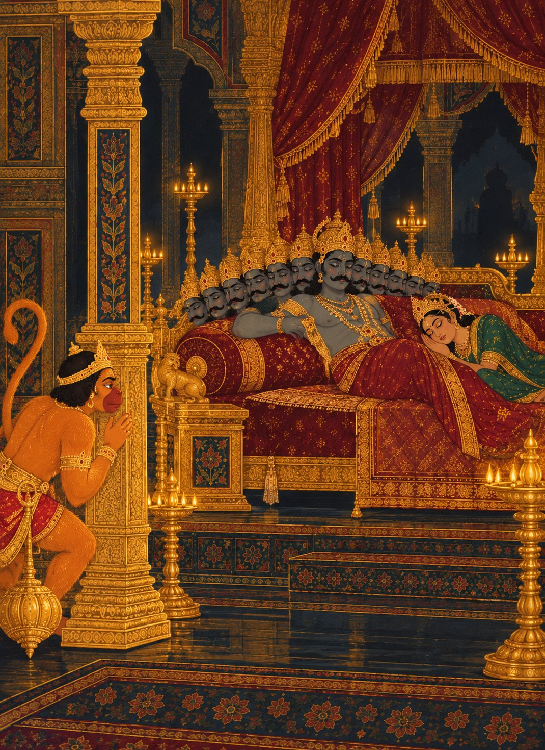 Inside Ravana’s dim palace hall, small Hanuman peers from behind a gold pillar at Ravana sleeping on a huge bed with gold curtains beside Mandodari in a deep green sari.