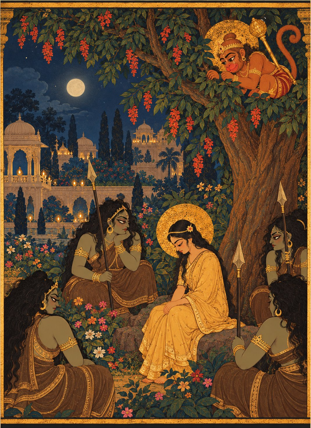 In a moonlit garden, Sita in a faded yellow sari sits under a large ashoka tree with bowed head, guarded by rakshasis with spears, while tiny Hanuman hidden in the tree looks down with tearful eyes.