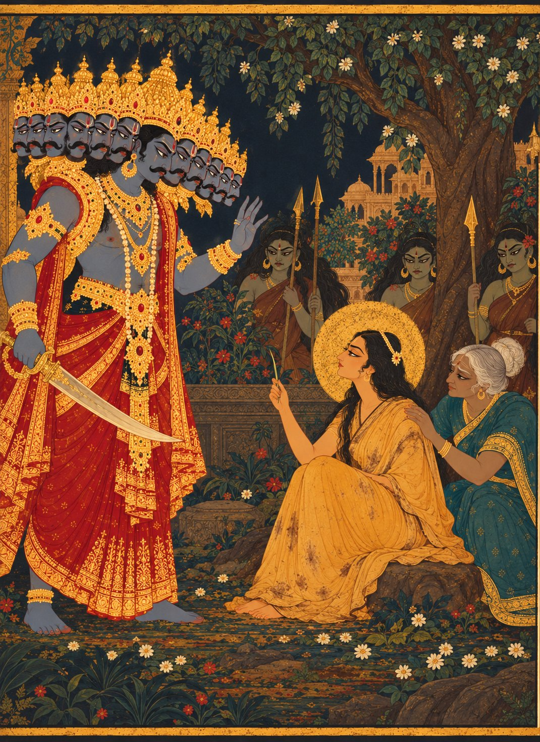 Ravana with ten heads and a gold crown stands before Sita with drawn sword in anger, while Sita sits firm holding a blade of grass between them and Trijata in a teal sari comforts her.