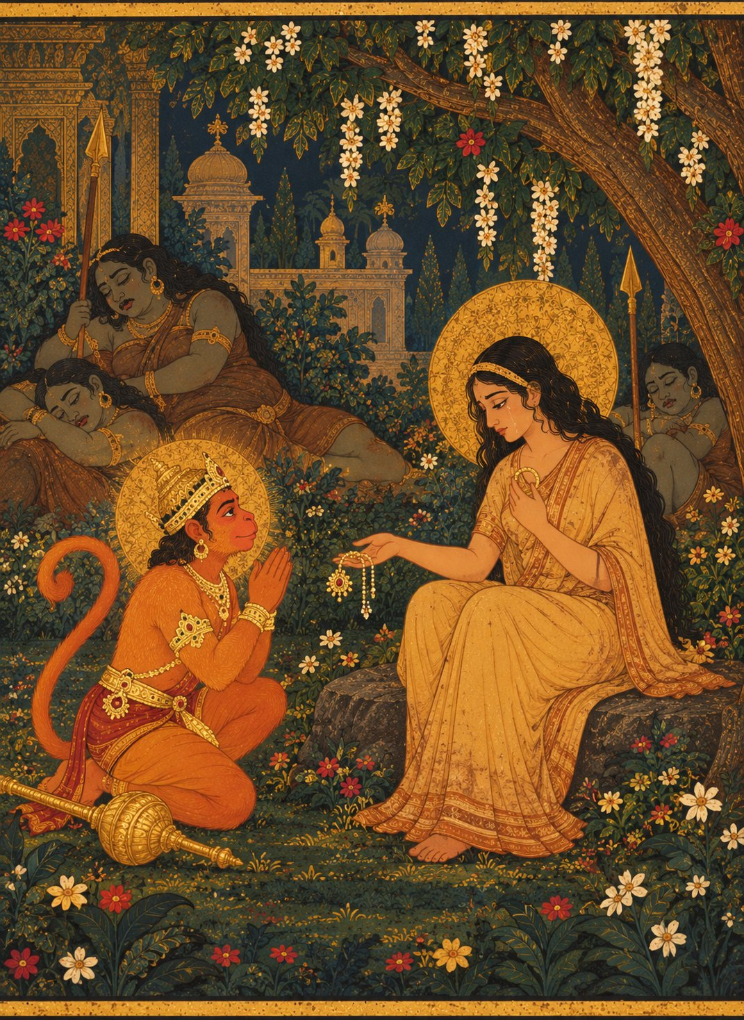In the quiet garden, Sita holds Rama’s gold ring against her chest with tears, and hands her golden Chudamani hair jewel to kneeling Hanuman as guards sleep in the background.