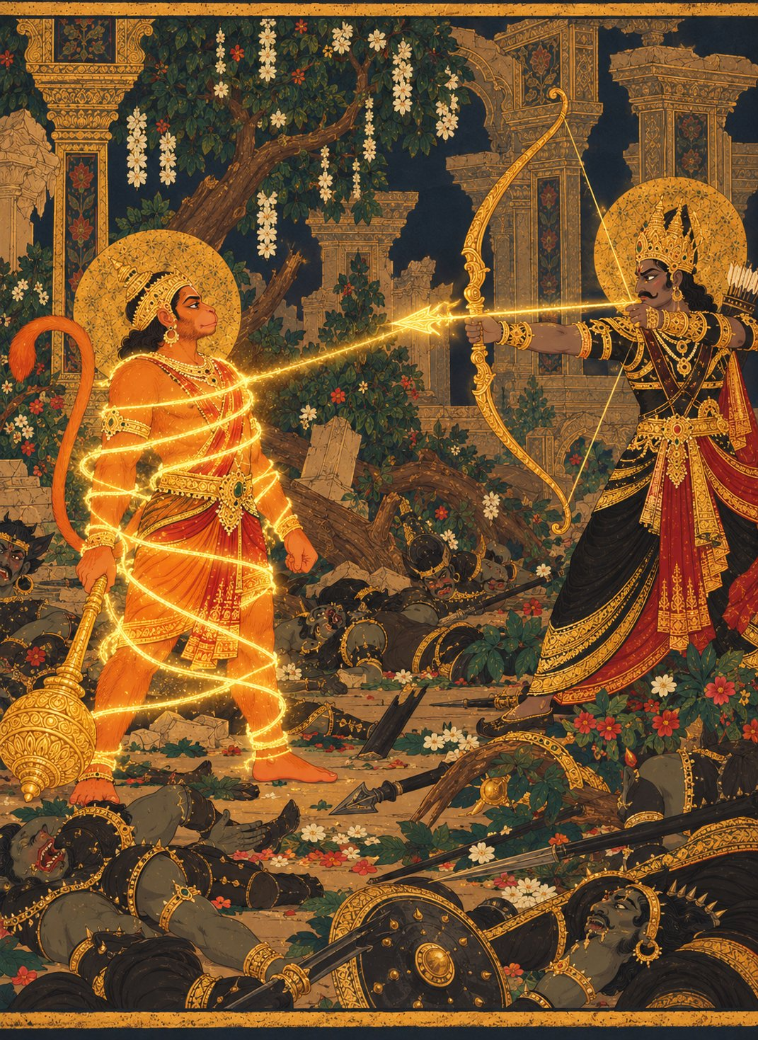 Hanuman stands in the broken Ashoka garden among toppled trees and fallen demon soldiers, holding his mace, while Indrajit shoots a glowing golden arrow wrapping cords of light around calm Hanuman.