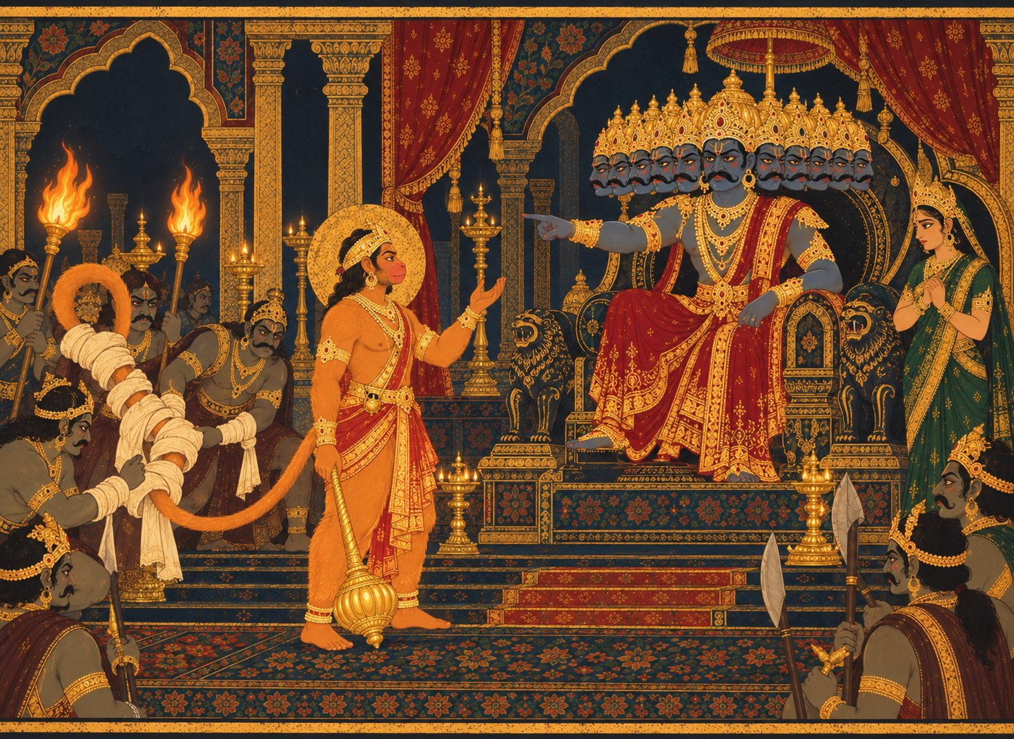 In a grand dark court, Hanuman stands tall with his tail wrapped in cloth and set aflame by demon guards, while ten-headed Ravana points angrily from his golden throne and Mandodari watches.